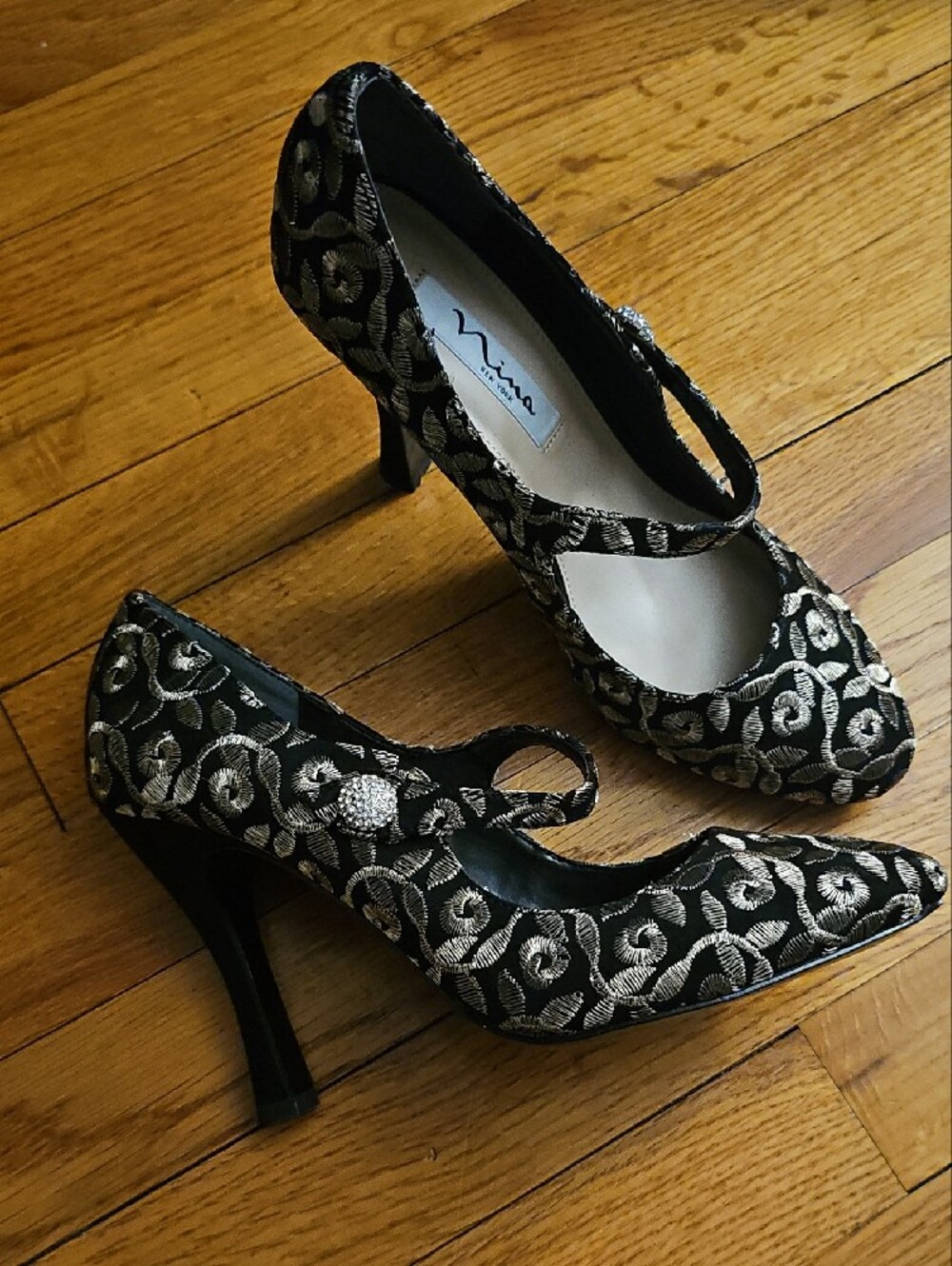 Nina Black Heels with Silver Embroidered Floral Detail